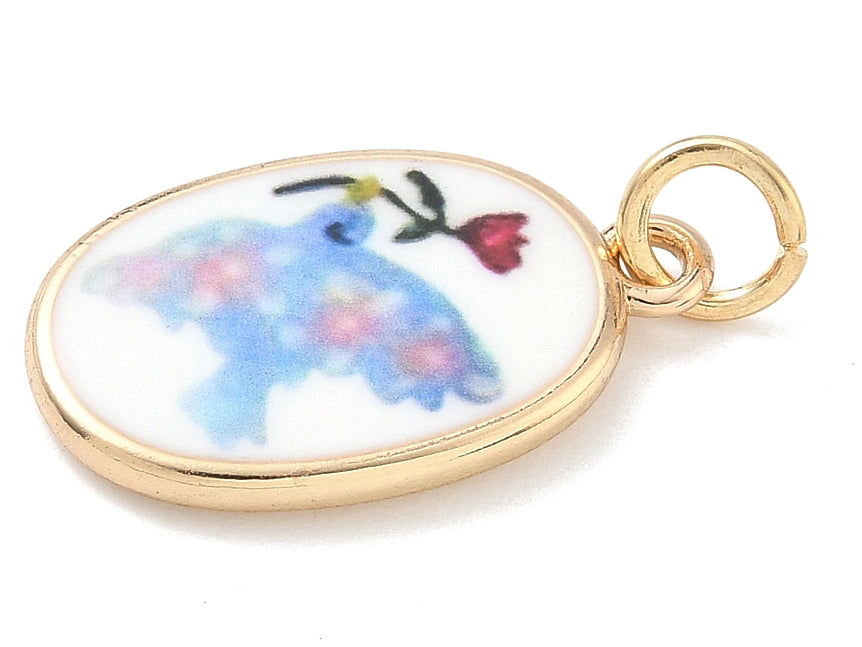 Achat Breloque ovale motif oiseau imprimée - laiton doré