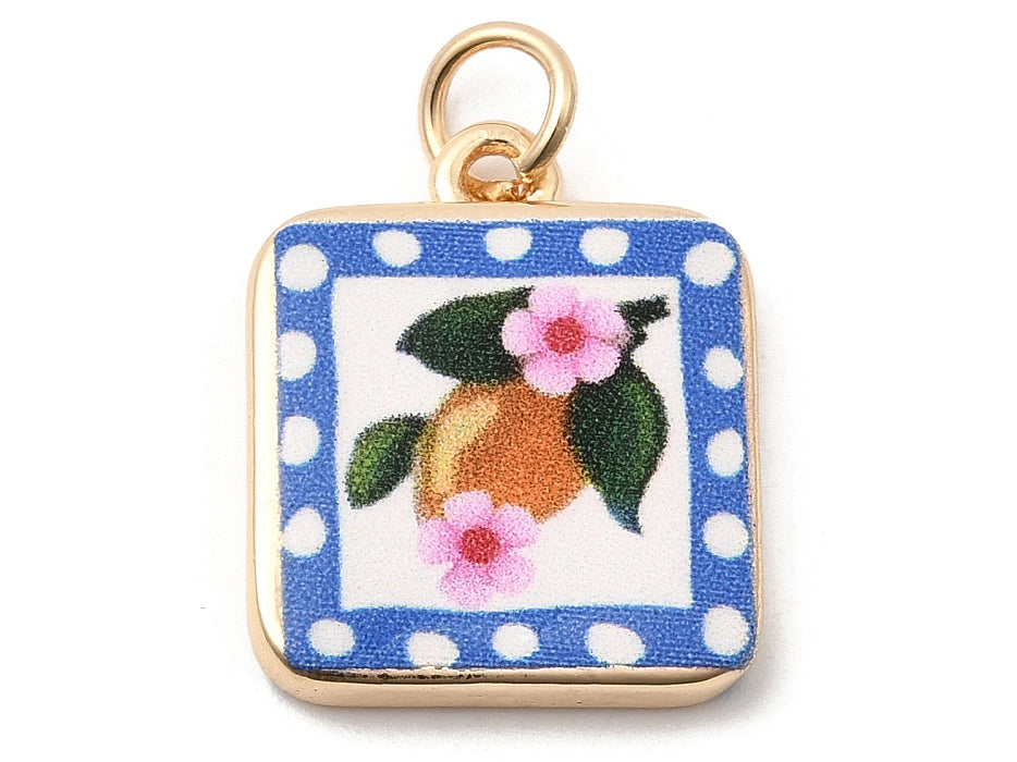 Achat Breloque carrée citron fleuri imprimée - laiton doré