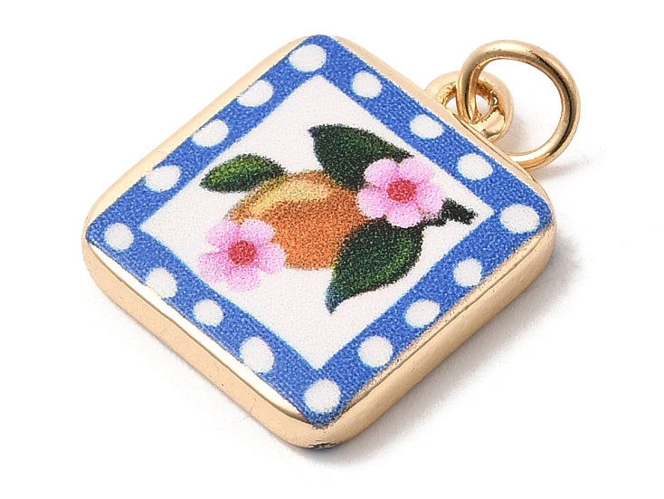 Achat Breloque carrée citron fleuri imprimée - laiton doré