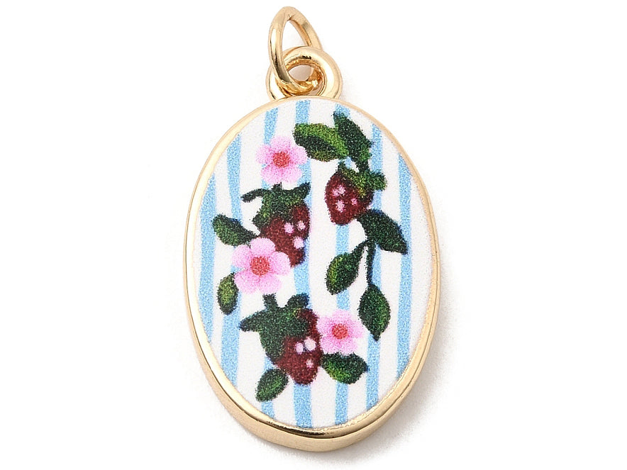 Achat Breloque ovale fleurie imprimée - laiton doré