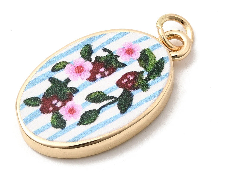 Achat Breloque ovale fleurie imprimée - laiton doré