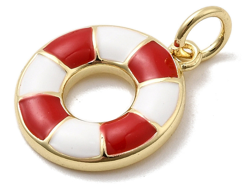 Achat Breloque bouée rouge émaillée - laiton doré à l’or fin