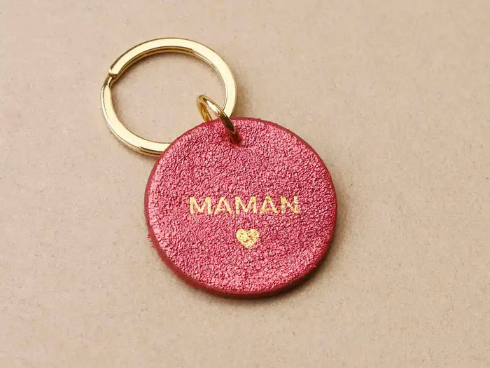 Achat Porte clé MAMAN en cuir rond rose métallisé - Les Cléias