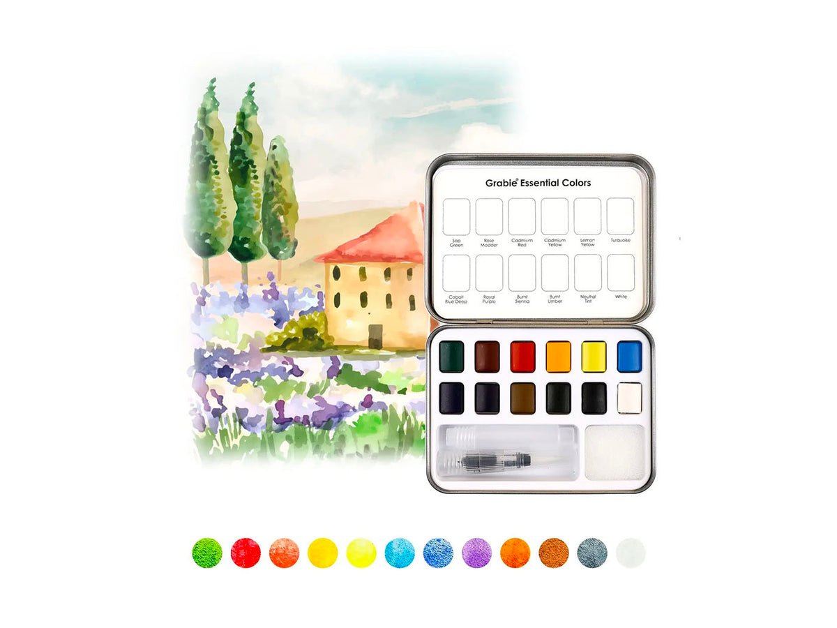 achat Boite d'aquarelle de poche 12 couleurs avec pinceau - Couleurs essentielles - Grabie
