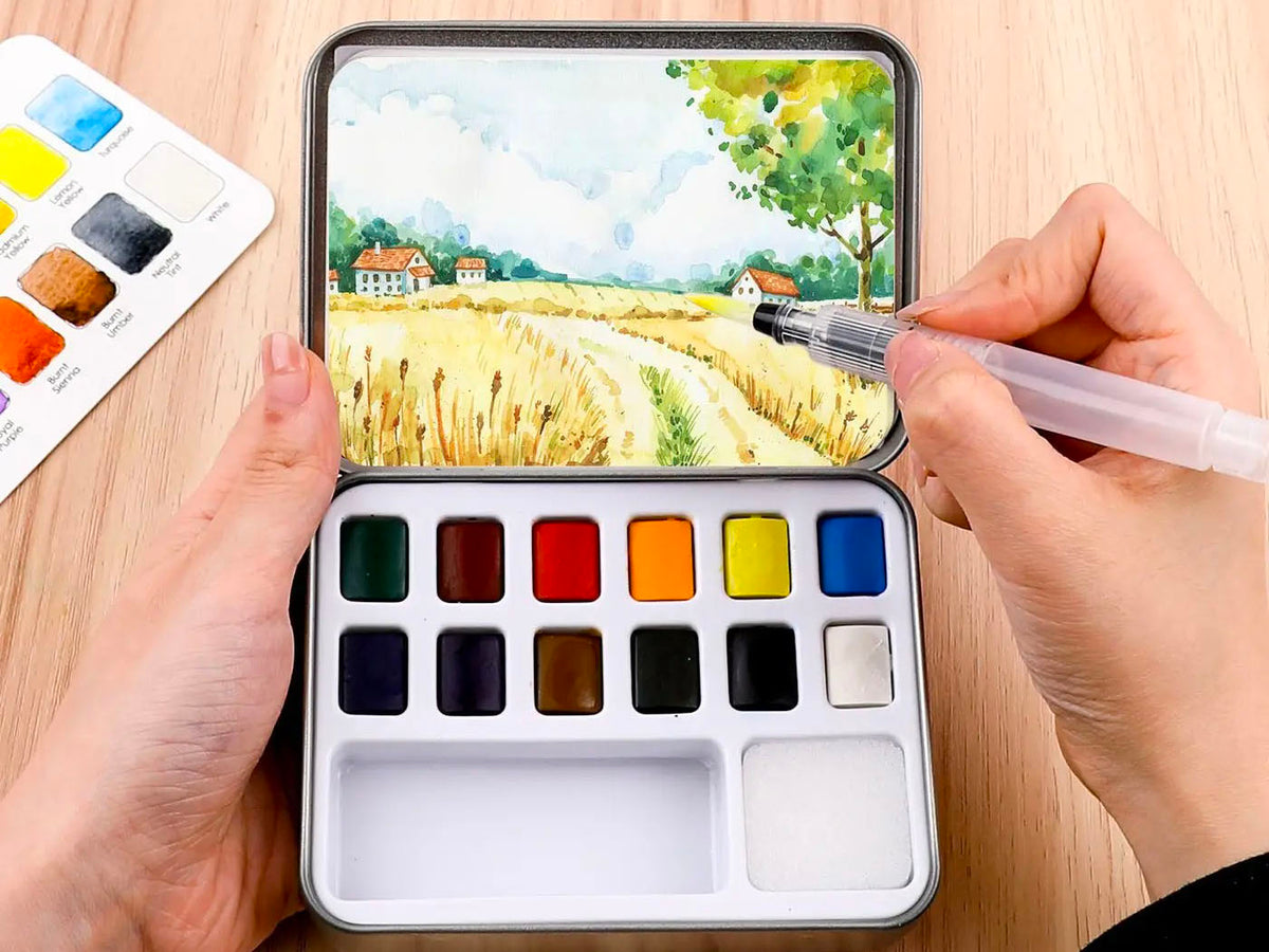 achat Boite d'aquarelle de poche 12 couleurs avec pinceau - Couleurs essentielles - Grabie