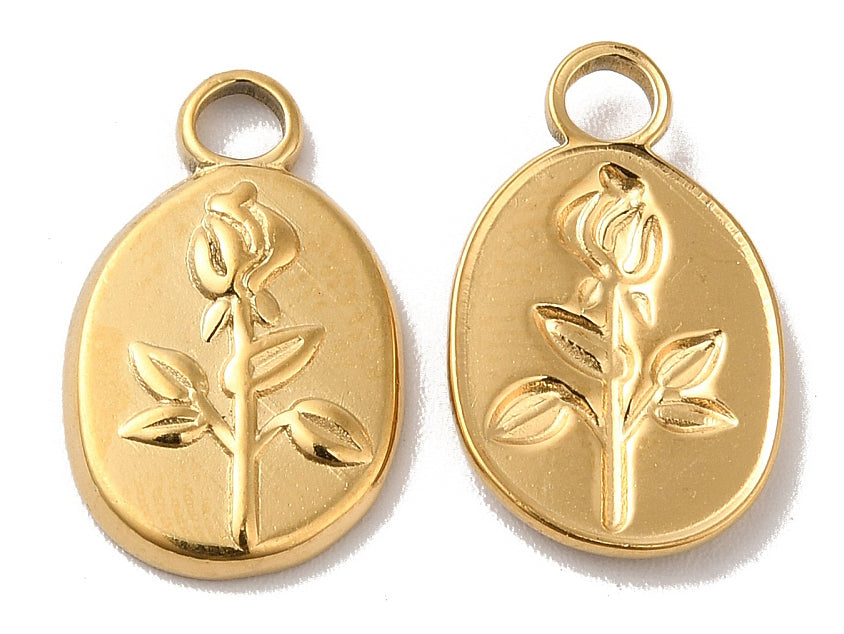 Pendentif ovale en acier inoxydable 304 avec charm fleur – Plaqué or 18K