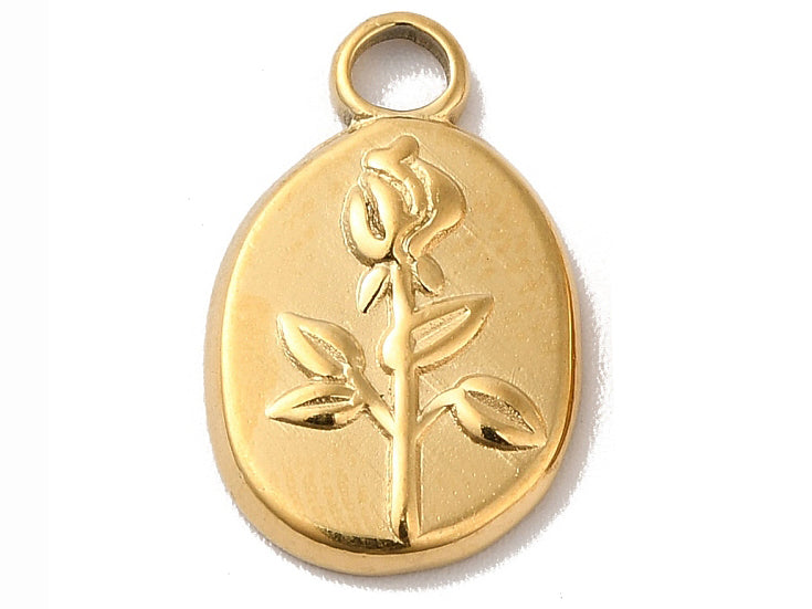 Achat Pendentif ovale en acier inoxydable 304 avec charm fleur – Plaqué or 18K