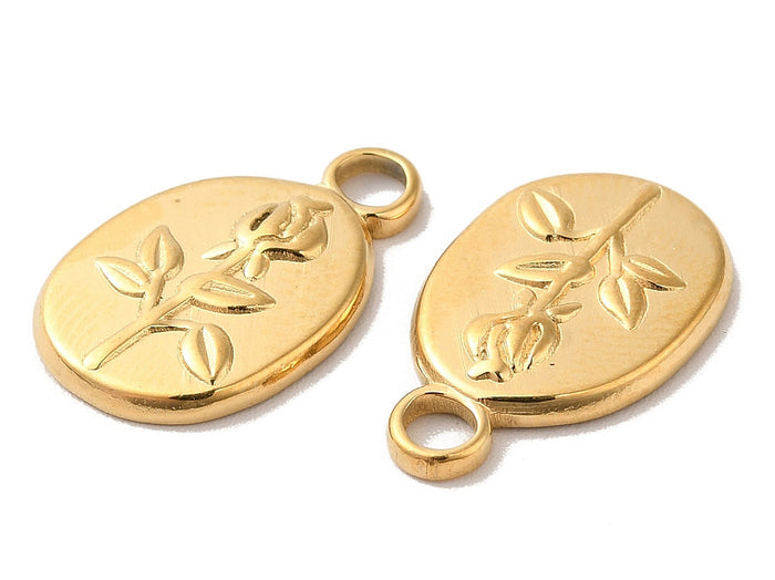 Achat Pendentif ovale en acier inoxydable 304 avec charm fleur – Plaqué or 18K