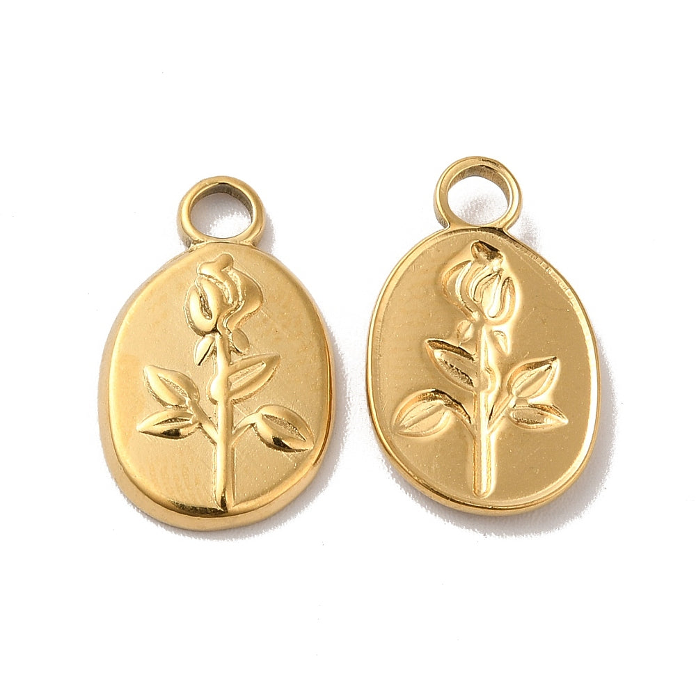 Pendentif ovale en acier inoxydable 304 avec charm fleur – Plaqué or 18K