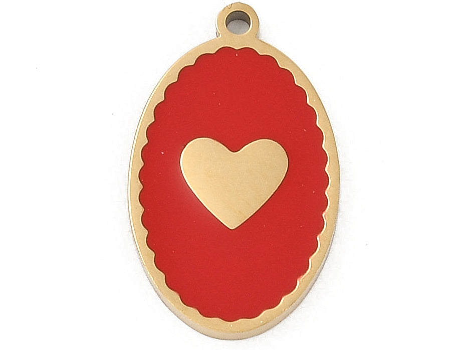 Achat Pendentif ovale cœur émaillé rouge plaqué or 18K