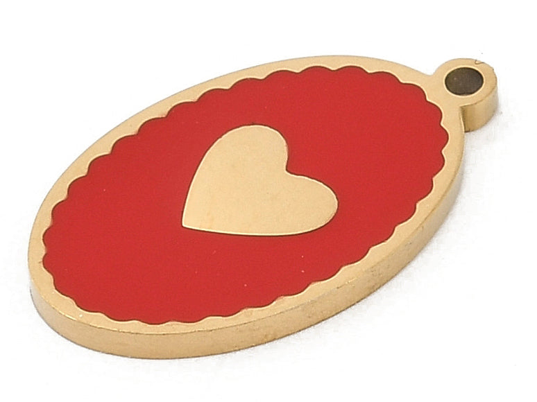 Achat Pendentif ovale cœur émaillé rouge plaqué or 18K