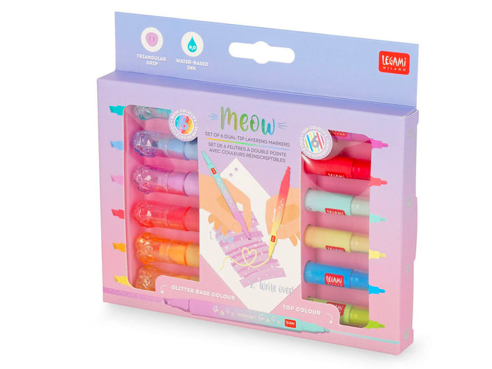 Achat Set de 6 feutres double pointe paillettées couleurs réinscriptibles Meow - Legami