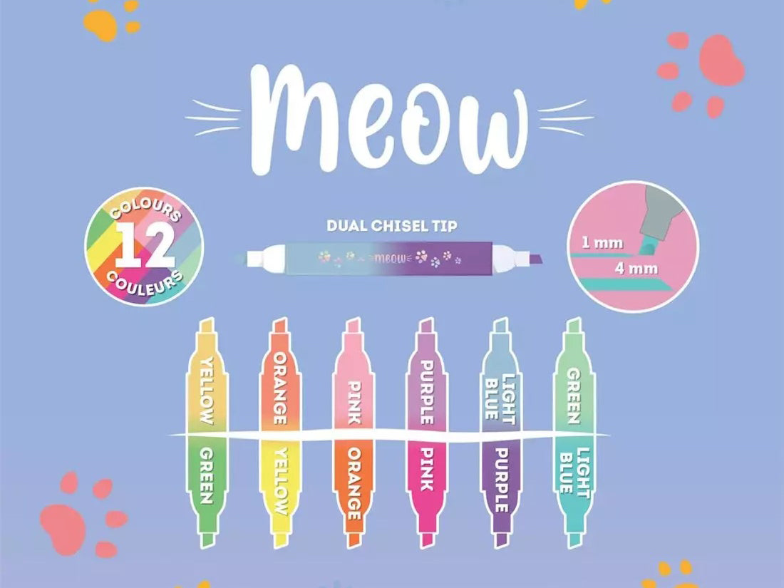 achat Set de 6 Surligneurs à Double Pointe Meow - Legami