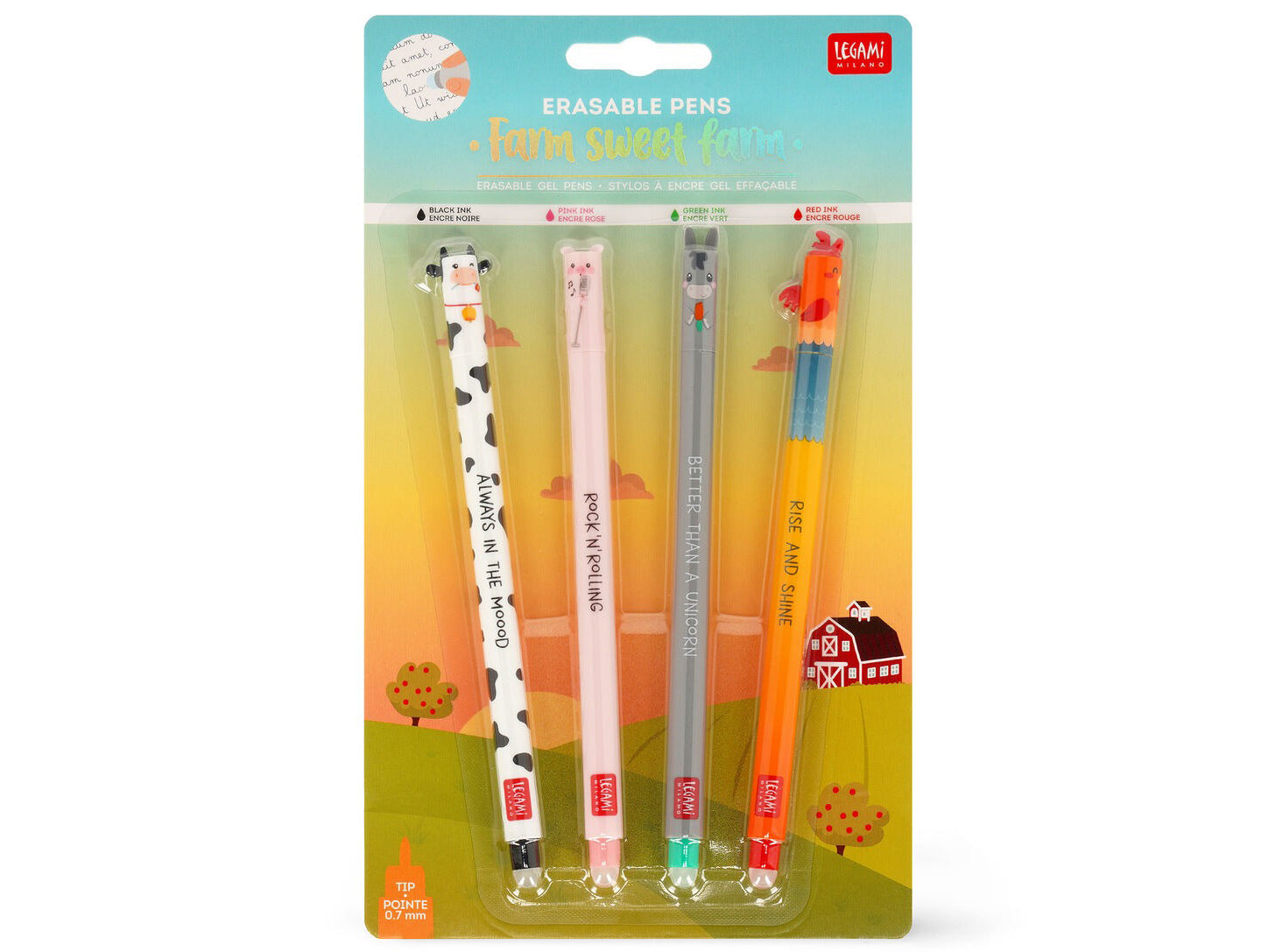 Achat Set de 4 Stylos à Encre Gel Effaçable Animaux de la Ferme - Farm Sweet Farm - Legami