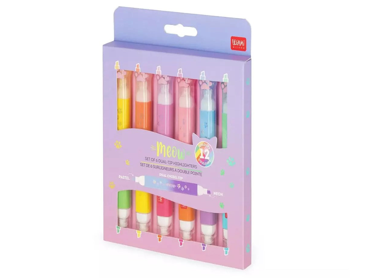 Achat Set de 6 Surligneurs à Double Pointe Meow - Legami