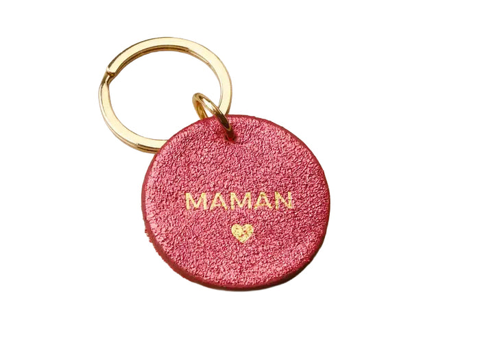 Achat Porte clé MAMAN en cuir rond rose métallisé - Les Cléias