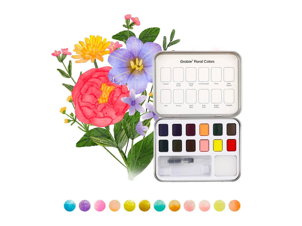 achat Boite d'aquarelle de poche 12 couleurs avec pinceau - Couleurs florales - Grabie