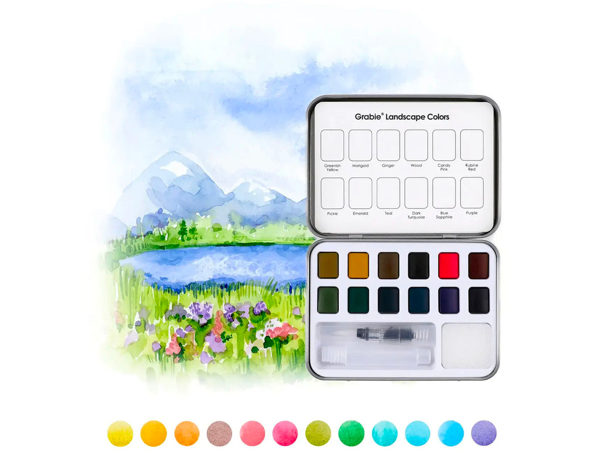 achat Boite d'aquarelle de poche 12 couleurs avec pinceau - Couleurs paysages - Grabie