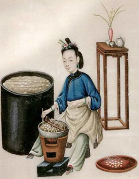 peinture sur soie - chine aquarelle montrant la fabrication de la soie